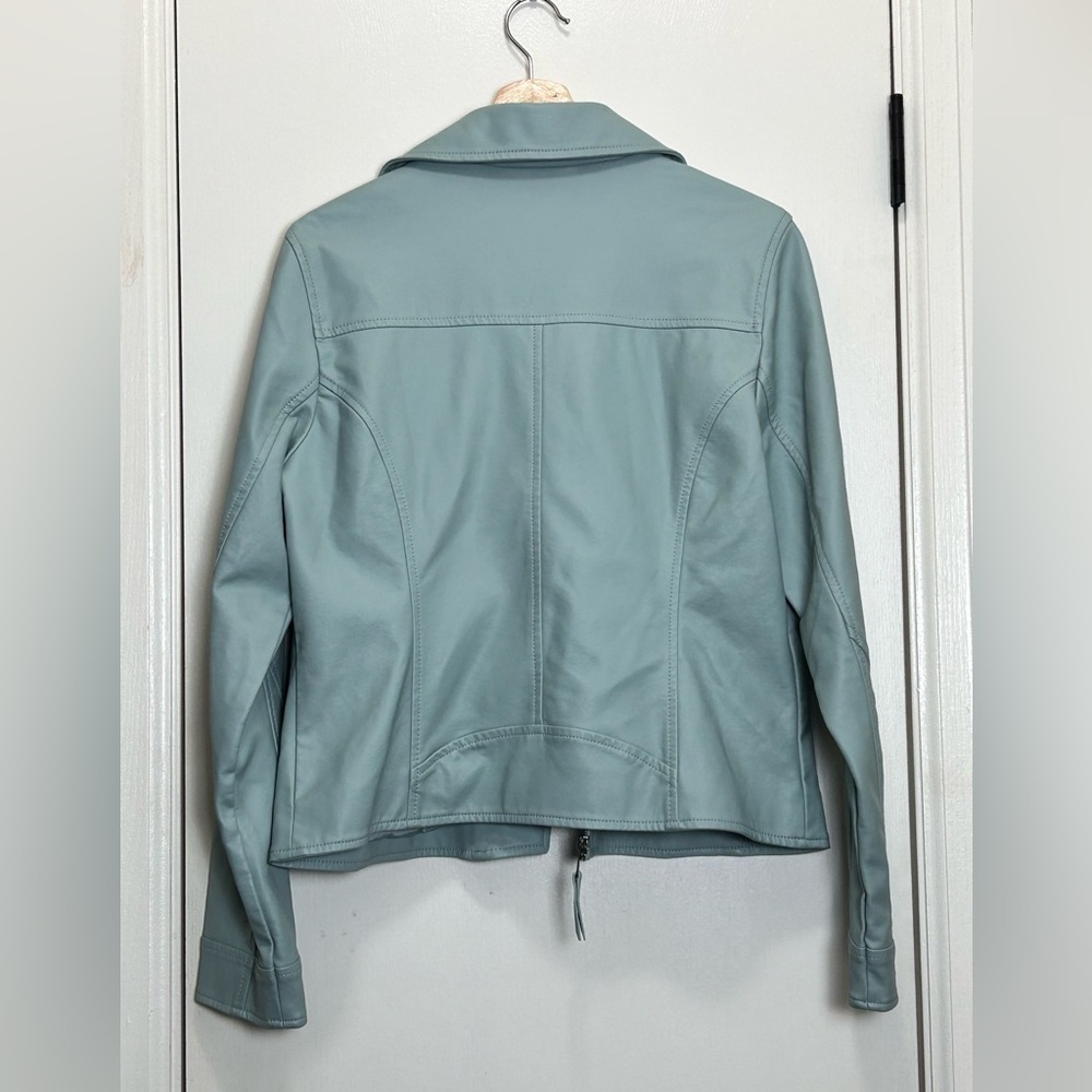 Hollister Blue Faux Leather Moto Jacket L Asymmetrical Zip Notched Collar Vegan - Picture 5 of 7